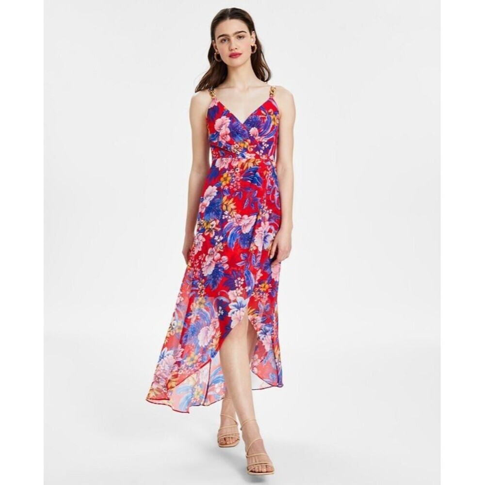 Siena Women's Floral Print Sleeveless High-Low Maxi Dress Red Multicolor 12